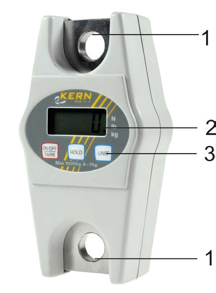 Modely HCB 500 kg 1 Závěsné oko 2 Displej 3 Klávesnice U modelů s rozsahem vážení 500 kg prvky sloužící k zavěšování