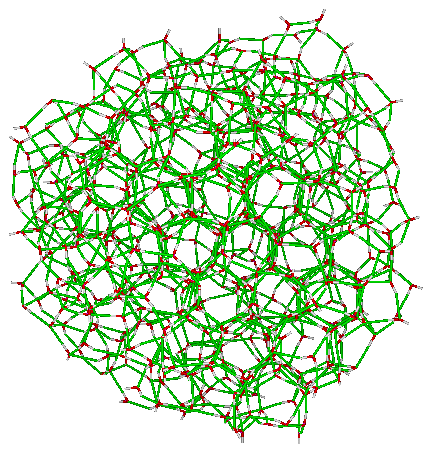 Tání nanoèástic kroupa z 600 molekul vody (led Ih) ohøívání èas simulace = 5 ns