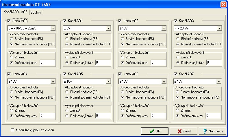 7. ANALOGOVÝ VÝSTUPNÍ MODUL OT-7652 Obr. 7.3 SW nastavení modulu Kanál AOx Celková aktivace/deaktivace obsluhy analogového kanálu.