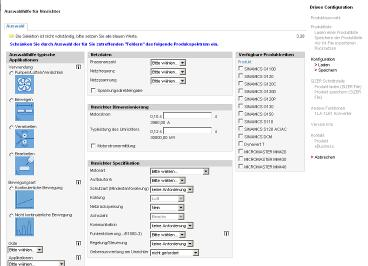 DT Configurator Výběr motorů+měničů+převodovek Konfigurační nástroj Nejaktuálnější konfigurační databáze Navigační část pomáhá s výběrem vhodné skupiny měničů, motorů a převodovek, tzv.