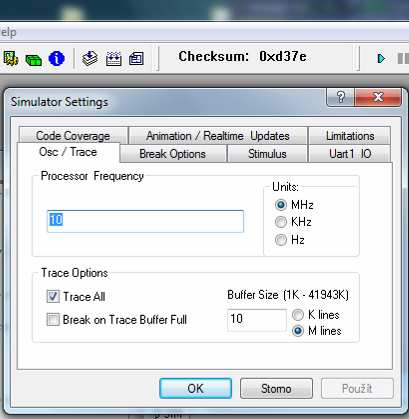 18. Nastavení MPLAB SIM (Debugger -> Settings) Frekvence procesoru 10 MHz Velikost bufferu pro logický