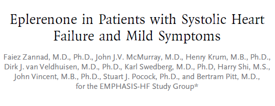 In this randomized, double-blind trial, we randomly assigned 2737 patients with New York Heart Association class II heart failure and an ejection fraction of no more than 35% to receive eplerenone