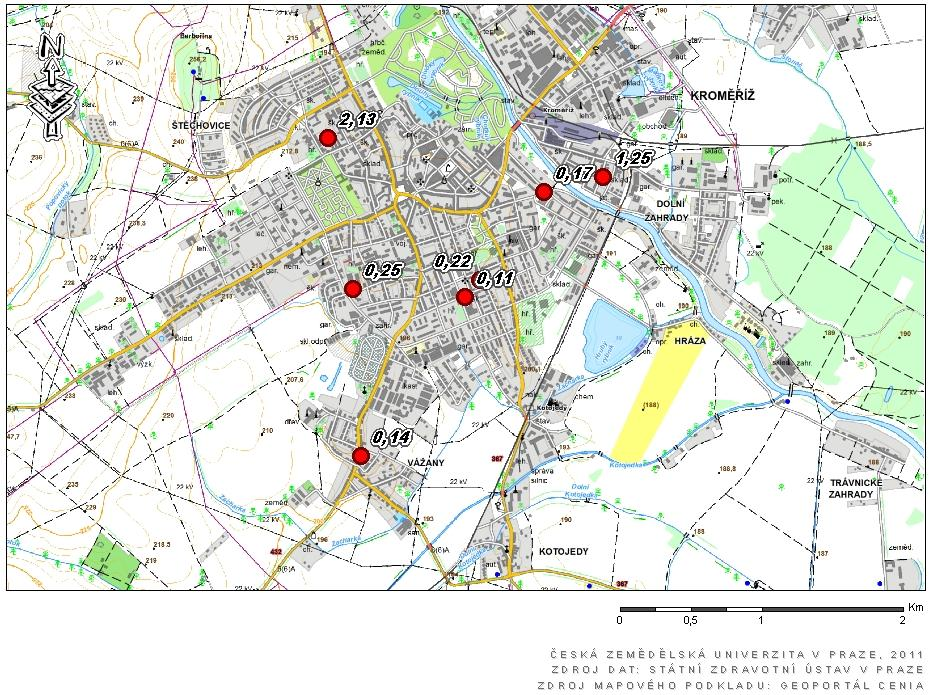 Mapa překročení hodnoty naftalenu půdě představující zdravotní