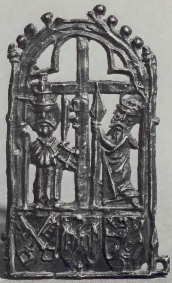 18 Poutnický odznak se Sv. Petrem jako papežem a císařem jako Longinem. 3. čtvrtina 14. st.