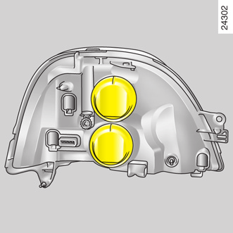 PŘEDNÍ SVĚTLOMETY: výměna žárovek A 1 V souladu s místní legislativou nebo z bezpečnostních důvodů: u svého zástupce RENAULT si zakupte rezervní sadu obsahující sadu žárovek a náhradních pojistek.