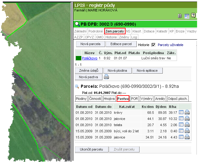 Zadané pastvy vidím na konkrétní parcele na záložce Pastva.