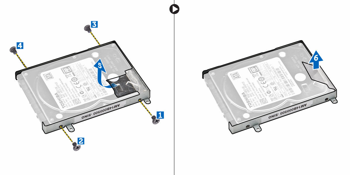 Umístěte pevný disk do držáku. 2. Upevněte pásku a utáhněte šrouby, které drží pevný disk v držáku. 3.