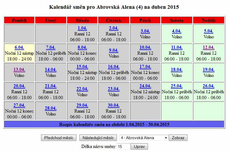 Přehledy plánů směn: Zkontrolovat správné přidělení směn pracovníkům lze na několika místech.