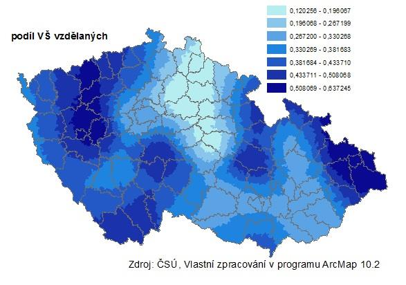 Obr. 33: Mapový výstup geograficky vážené regrese ODS podíl VŠ vzdělaných Obr.