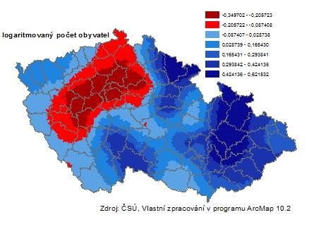 Obr. 18: Mapový výstup geograficky vážené regrese ČSSD logaritmovaný počet obyvatel