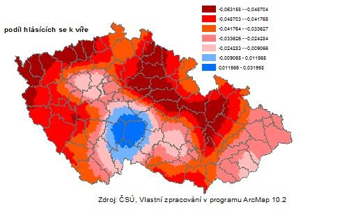 Obr. 25: Mapový výstup geograficky vážené regrese KSČM podíl hlásících se k víře 6.3.