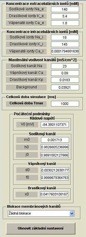 Obrázek 17: Nastavení základních parametrů Koncentrace extracelulárních a intracelulárních iontů Základní koncentrace extracelulárních a intracelulárních iontů vychází z práce Lua a Rudyho a je