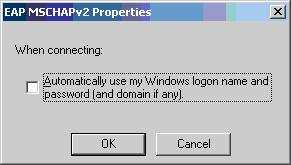 voľby PEAP) Dôležitým bodom je odstránenie možnosti automatického používania Windows logon mena, ktoré vykonáme vo voľbe