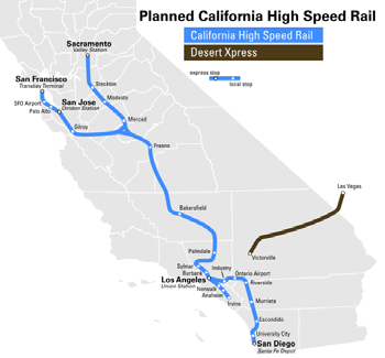 California Corridor předpokládaná rychlost až 350 km/h primárně k propojení San Franciska a Los Angeles za 2h 30min předpokládaný začátek stavebních prací 2011 předpokládané investice 9 mld.