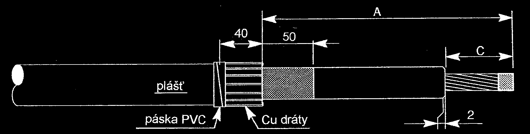 - Vhodným nástrojem odstraňte vnější polovodivou vrstvu do vzdálenosti 40 mm od hrany ukončeného pláště. - Odstraňte izolaci včetně vnitřní polovodivé vrstvy v délce C.