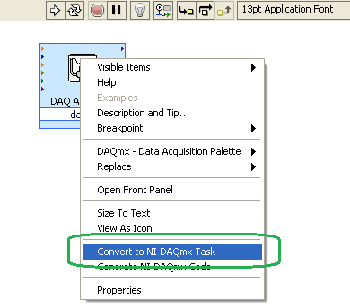 Z nově vytvořeného bloku DAQ Assist nyní vytvořím blokový diagram pomocí nástrojů virtuální laboratoře LabVIEW.