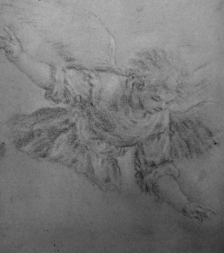 Zvěstující anděl, Jacopo Bassano, 1575, zesílená černá křída se zásahy bílé křídy na