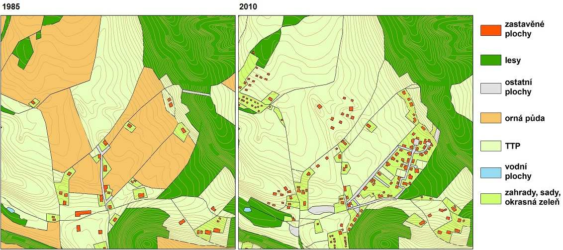 Obr.54: Vývoj využití ploch v části ZSJ Nové Dvory a Močidla (zdroj: vlastní návrh) Výstavba rodinných domů probíhá v této lokalitě dodnes.