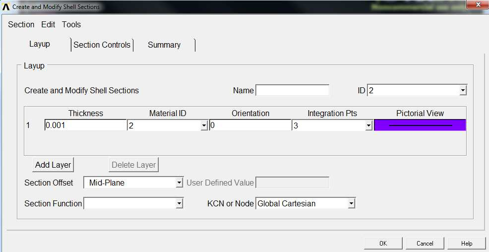 Postup zadání: Preprocessor => Sections => Shell => Lay-up => Add / Edit Obrázek č. 4.2 Přiřazení tloušťky plechu k prvku SHELL 181 Thickness je v tomto případě tloušťka trapézového plechu - 0,001 m.