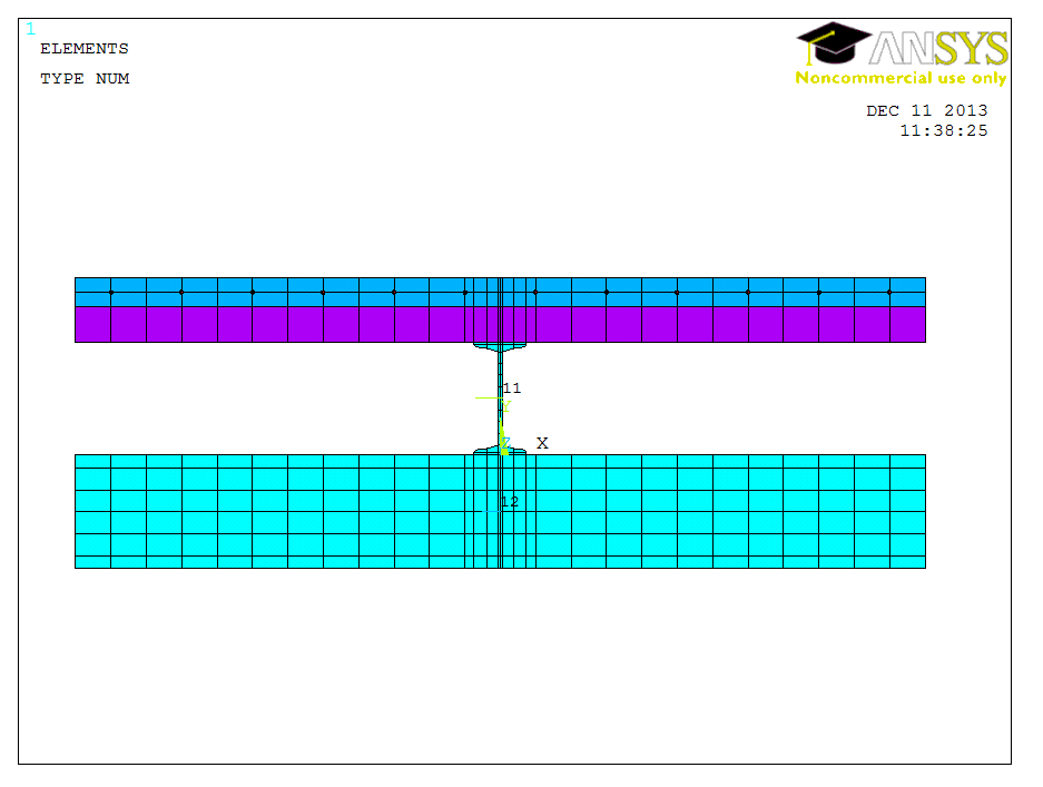 Obrázek č. 4.22 Betonová deska prvky (ID 4) typu SOLID 185 Obrázek č. 4.23 Příčný řez nosníku a betonové desky Obrázek č. 4.23 představuje příčný řez pásu konstrukce, s podélným řezem části průvlaku.