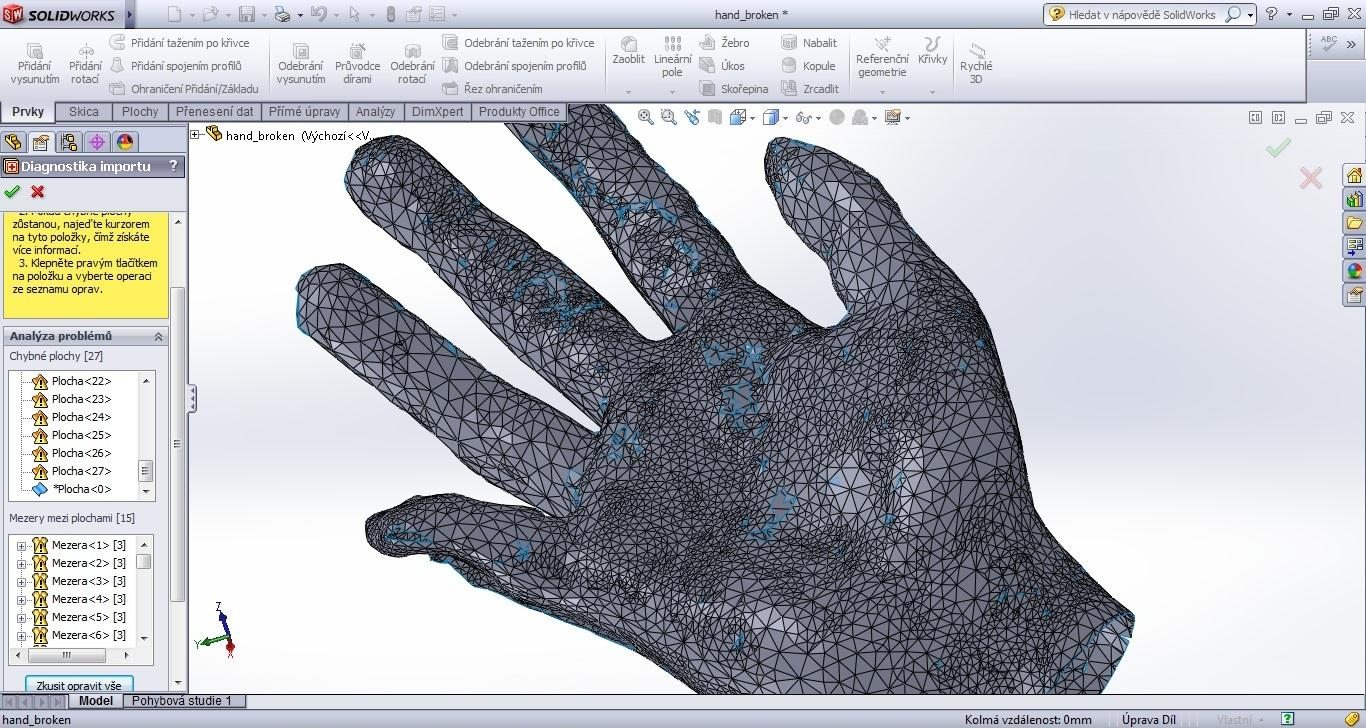 FSI VUT BAKALÁŘSKÁ PRÁCE List 29 Obr.14 Import souboru STL do SolidWorks Modul Scan To 3D: Tento modul je obsažen ve verzi SolidWorks Premium a slouží k základním úpravám polygonální sítě (*.nxm; *.