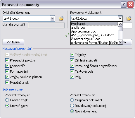 Můžeme pomocí nich ovlivnit, jaké změny provedené v dokumentu bude program zaznamenávat (Nastavení porovnání), a kde nalezené změny vyznačí (Zobrazit změny u:).