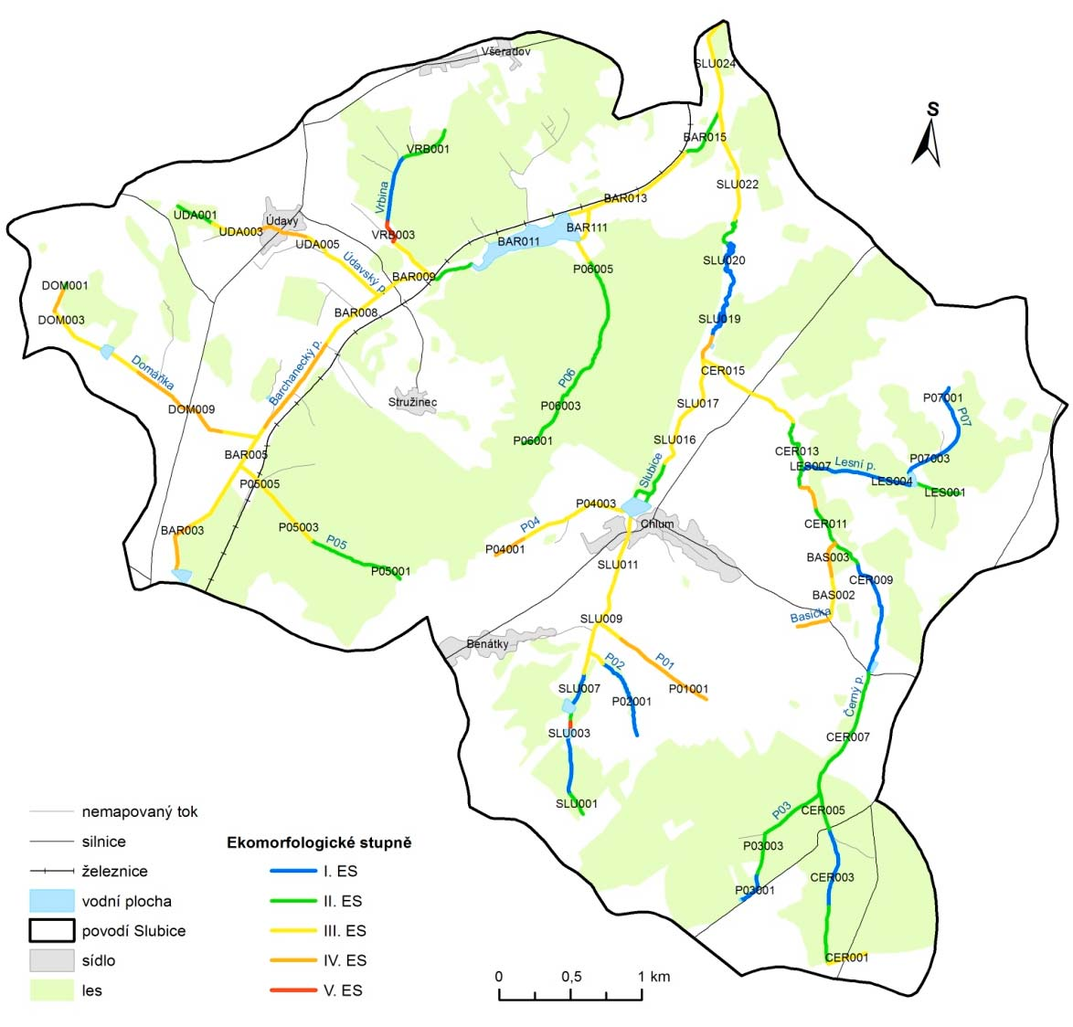 Mapa 6: Celkový ekomorfologický stav toku v povodí Slubice Ekomorfologický stav toku vyšší upravenost rícní síte,, relativne dobrý stav DVP, silné ovlivnení údolní nivy celkový ekomorfologický stav