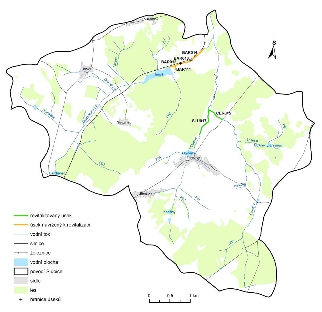 Revitalizacní úpravy v povodí Slubice 1997-1999 realizovány 2 revitalizacní úpravy (783 m Slubice, 447 m Cerného p.), 2007 projektová studie na revitalizaci Barchaneckého ho p.