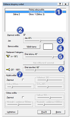 Editace světla Menu Editace skupiny světel 1. Zde zvolte světlo, které chcete nastavit. V perspektivě se zvolené světlo označí červeně. 2.