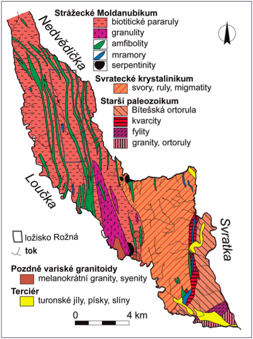 3.2 Geologie ložiskové oblasti Rožná Ložisko Rožná leží na severovýchodním okraji moldanubika a je tvořeno především jeho pestrou skupinou, kterou zde nejvíce zastupují biotitické a amfibol-