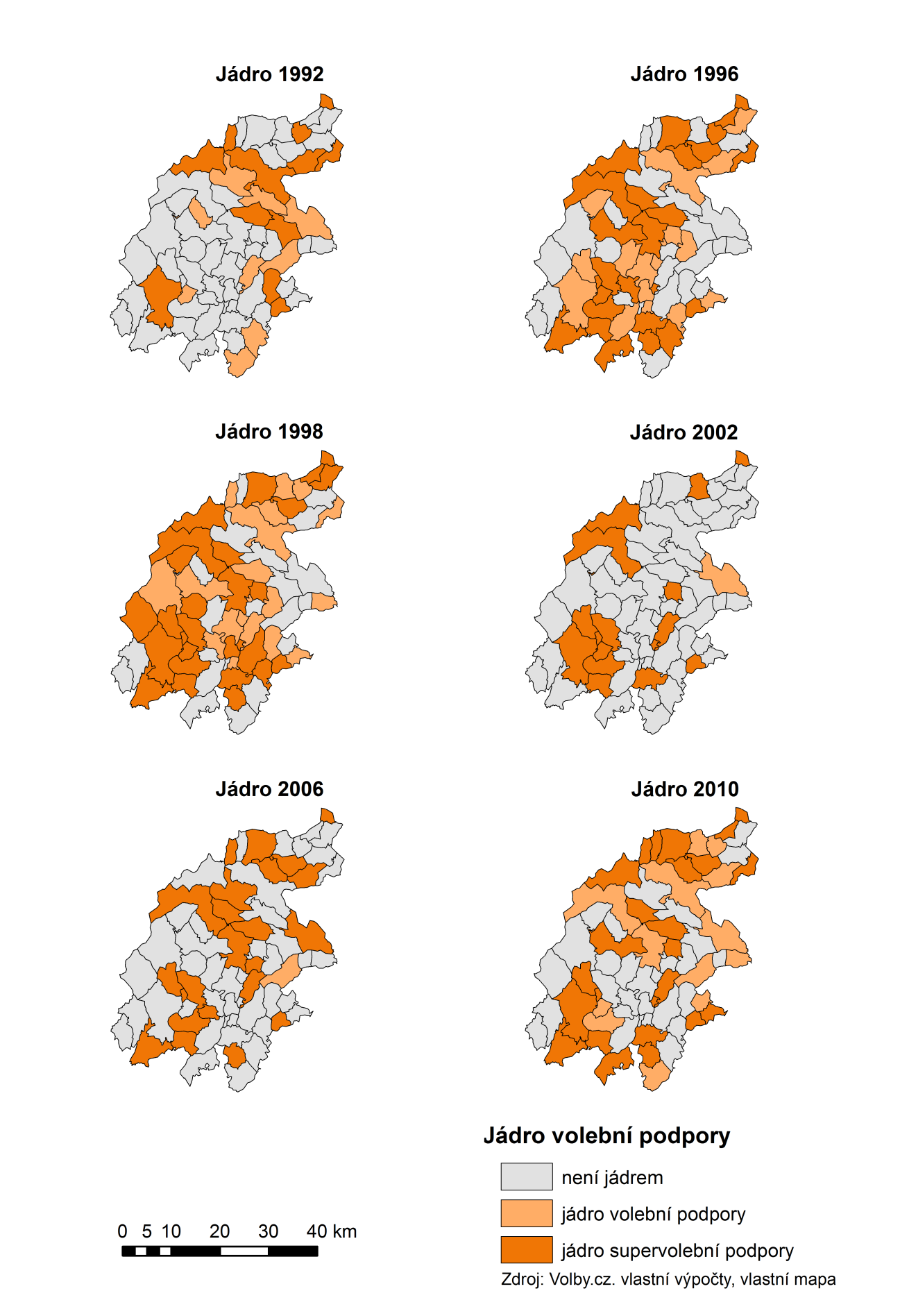 5.1.3 Vývoj jádra volební podpory v okrese Bruntál od roku 1990