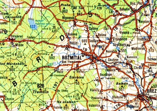 Dopravní stavby, komunikace (drážní, pozemní, telekomunikace, potrubní, elektrická vedení) Vodstvo hydrotechnické stavby a zařízení Druh porostu značkou Vrstevnice, výškové kóty a relativní kóty 50