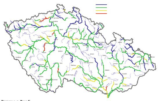 Jakost vod 2008-2009 I. a II. neznečištěná a mírně znečištěná voda III.
