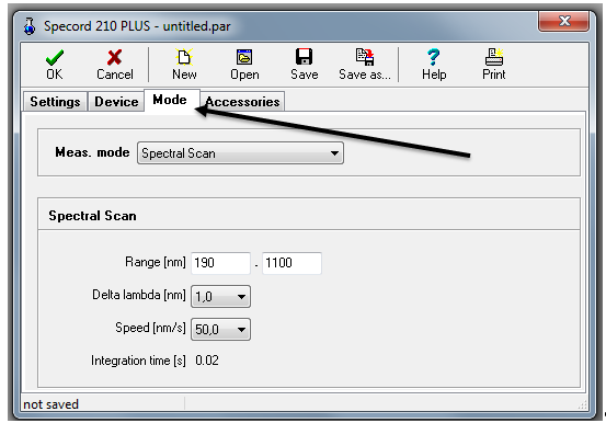 Oblast spektra, ve kterém se bude měřit, se navolí v záložce Mode. V této záložce při výběru Meas. Mode Spectral Scan je možné zadat rozmezí vlnových délek, ve kterém se bude měřit.