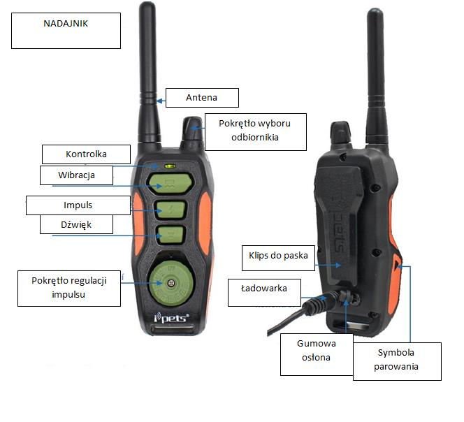 Prosta kontrola, pokrętło regulacji impulsu. Pokrętło wyboru odbiornika. Klip do paska. Szybkie i proste parowanie ze sobą urządzeo. Zasięg do 600 metrów. Możliwośd treningu do 3 psów jednocześnie.