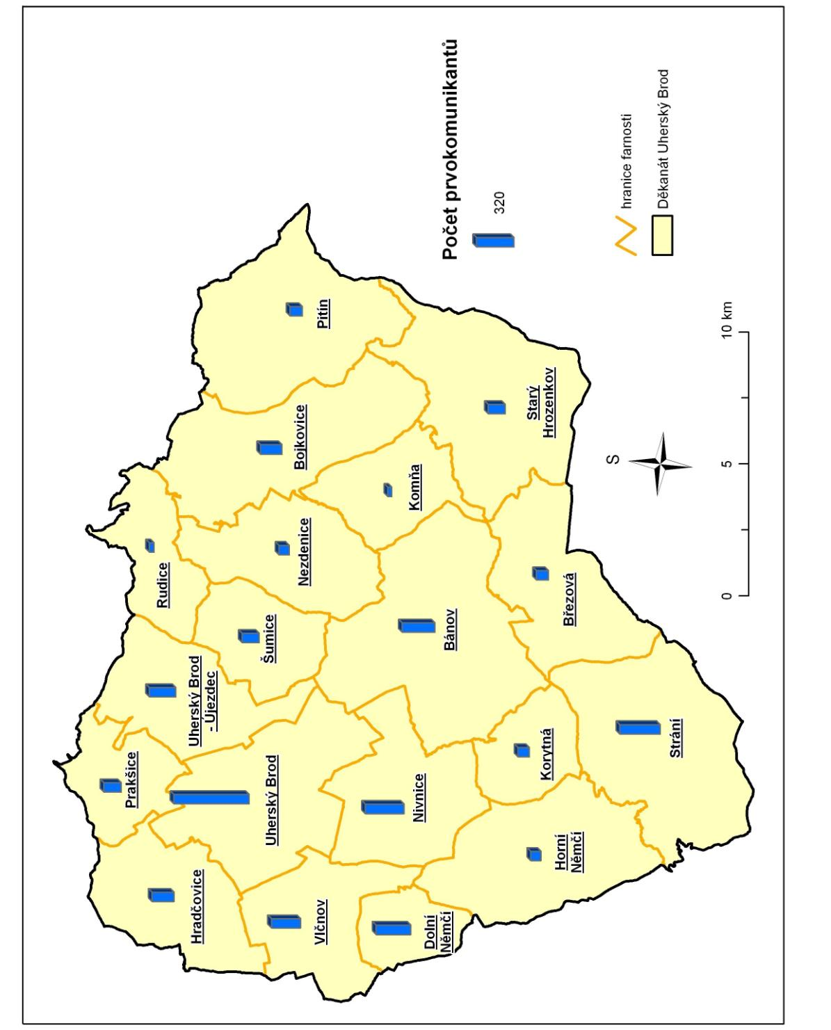 o počtu dětí, které přistoupily k prvnímu svatému přijímaní o deset let později.