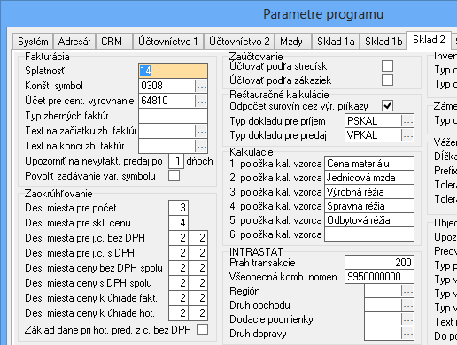 Okrem základných parametrov je potreba nadefinovania aj ďalších parametrov Nastavenia Parametre záložka Sklad 2 časť INTRASTAT (Obr. 1): Obr.