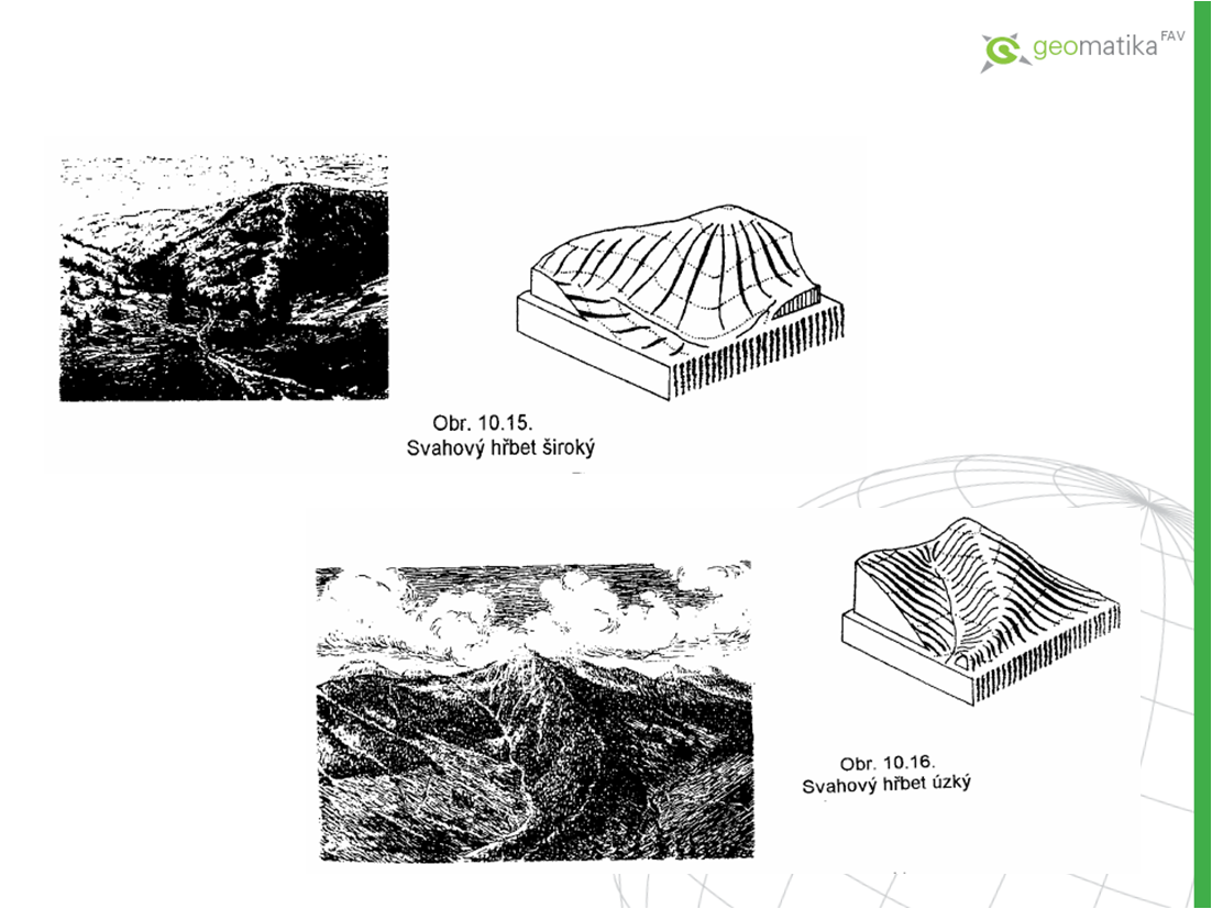 Vypuklé tvary na úbočích svahový hřbet vedlejší tvar odbočující z hlavního hřbetu protáhlý vyvýšený útvar na úbočí probíhající obvykle ve směru spádu úbočí mezi dvěma údolími po jeho nejvyšší části