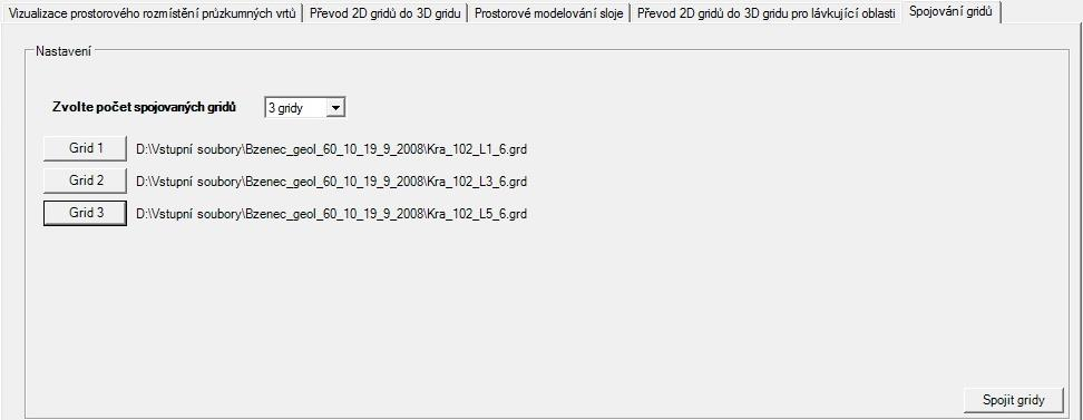Hned poté se zobrazí příslušný počet tlačítek pro načtení jednotlivých gridů. Stisknutím tlačítka Spojit gridy dojde k sečtení gridů mocností jednotlivých lávek.