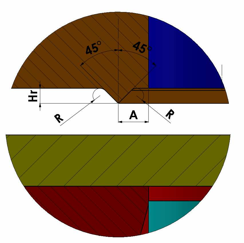 Tab.8 Rozměry nátlačné hrany Schuler (pouze střižnice) [19] Tl. Mat. A Hr R [mm] [mm] [mm] [mm] 2,8 3,2 2,5 0,6 0,6 3,3 3,7 2,5 0,7 0,7 3,8 4,5 2,8 0,8 0,8 Obr.45 Tvar nátlačné hrany Schuler [19] Tab.