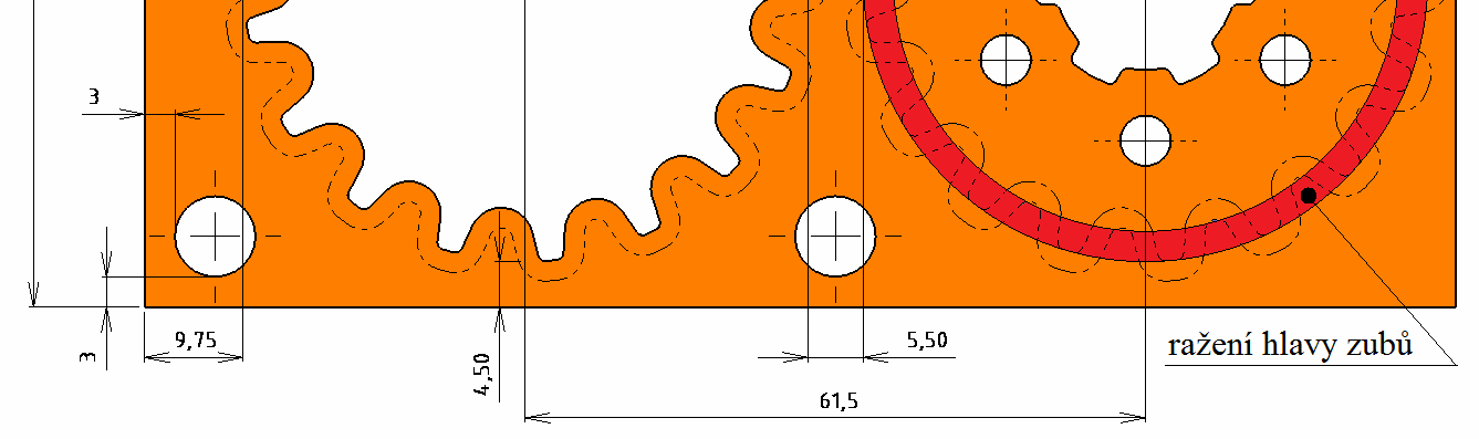 kroku - bude vystřiženo šest odlehčovacích otvorů na roztečné kružnici o průměru 32 mm, otvor s drážkováním pro hřídel, dva otvory o průměru 8 mm pro hledáčky a bude ražena oblast hlavy zubů. V 2.