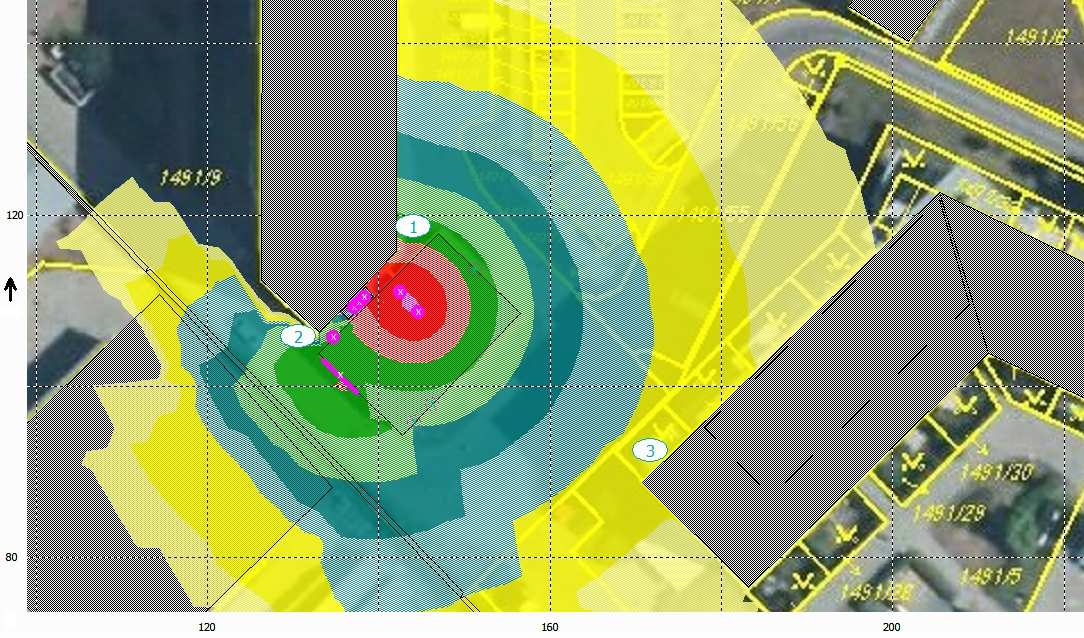 Obr. 7.2: Hluková mapa pro maximální provoz stávající kotelny, izofony vykresleny ve výšce 9 m 7.4 