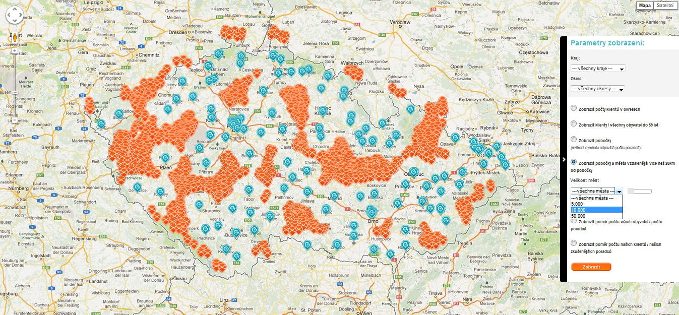 Zobrazit pobočky a města vzdálenější více než 20km od