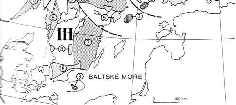 3. Původ nordických souvků (podle ZANDSTRY 1988). I IV oblasti podle ZANDSTRY, 1 10 oblasti podle HESEMANNA (1930).