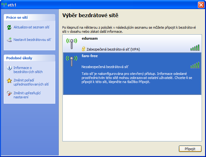 Na kartě Bezdrátového připojení k síti, vybereme síť faro-free (obr.