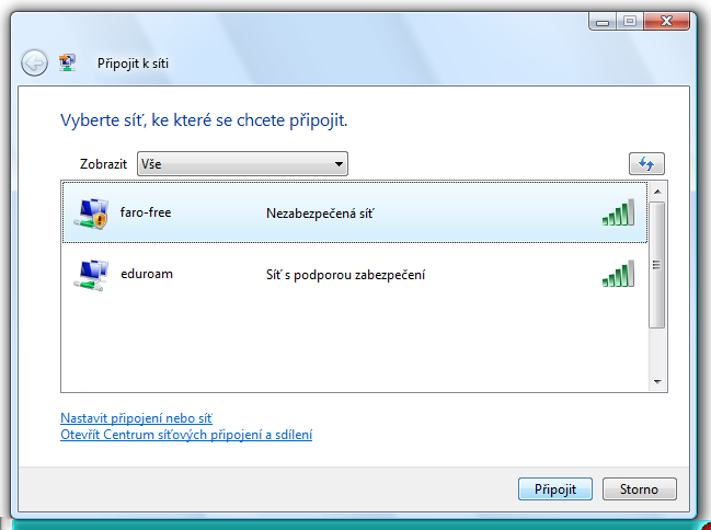 Otevře se nám okno Připojit k síti, vybereme síť faro-free (obr. 25) a potvrdíme Připojit.