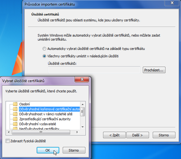 Obr. 67: Import certifikátu Na následující kartě doporučujeme ručně vybrat Všechny certifikáty umístit v následujícím úložišti, pokračujeme volbou Procházet a v nabídce