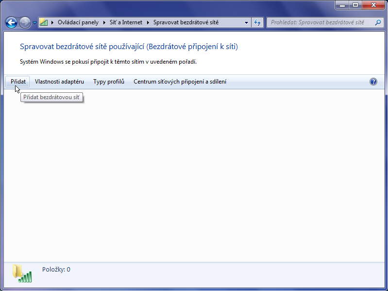 V okně správce bezdrátových sítí stiskneme tlačítko Přidat pro přidání nové bezdrátové sítě. Obr.