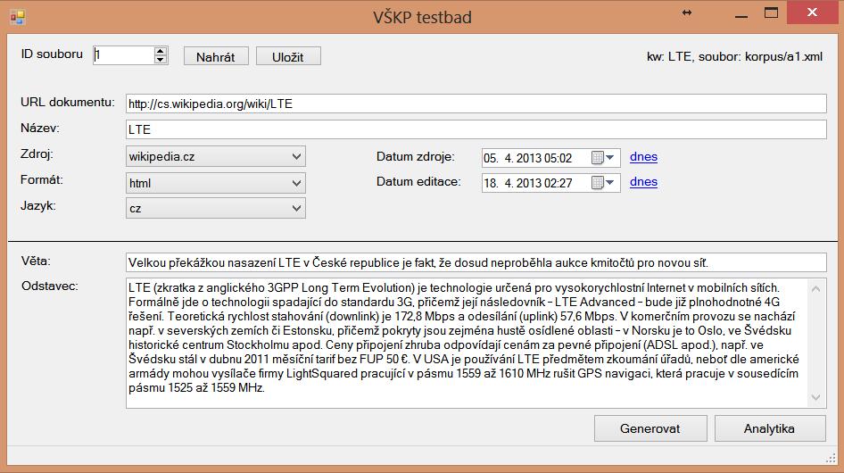 Klíčová slova Obrázek 21 VŠKP testbad - aplikace pro přípravu testovacího korpusu (zdroj: autor) Pro zajištění náhodnosti testu autor záměrně vybral téma mobilních komunikací, které nemá spojitost s