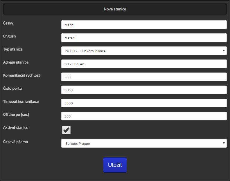 Obr. 145 Nastavení stanice pro komunikaci M-Bus TCP Další práce se stanicí probíhá stejně, jak je popsáno v kapitole 3.4 Správa stanic.